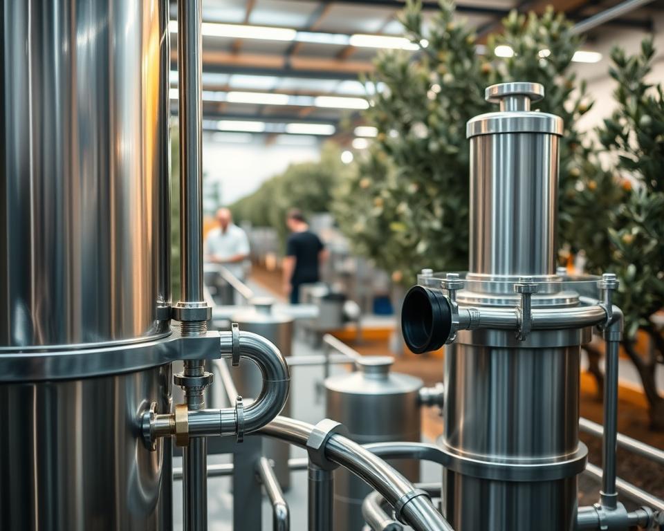 A sleek, stainless steel olive oil filtration system sits prominently in the foreground, its intricate pipes and valves showcasing the advanced technology at work. The middle ground features a well-lit production facility, with workers meticulously monitoring the filtration process. In the background, rows of olive trees sway gently, their lush foliage and ripe fruit hinting at the source of this premium olive oil. Soft, directional lighting casts a warm, golden glow, accentuating the purity and quality of the final product. The overall scene conveys a sense of precision, efficiency, and the careful attention to detail that is essential for ensuring the freshness and purity of exceptional olive oil. A sleek, stainless steel olive oil filtration system sits prominently in the foreground, its intricate pipes and valves showcasing the advanced technology at work. The middle ground features a well-lit production facility, with workers meticulously monitoring the filtration process. In the background, rows of olive trees sway gently, their lush foliage and ripe fruit hinting at the source of this premium olive oil. Soft, directional lighting casts a warm, golden glow, accentuating the purity and quality of the final product. The overall scene conveys a sense of precision, efficiency, and the careful attention to detail that is essential for ensuring the freshness and purity of exceptional olive oil.
