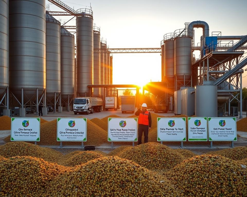 A sprawling industrial facility, its towering silos and conveyor belts casting long shadows under a warm, golden sunset. In the foreground, workers in protective gear carefully tending to piles of olive pomace, the byproduct of olive oil extraction. The middle ground showcases state-of-the-art storage and processing equipment, designed to efficiently manage and repurpose this valuable resource. In the background, a series of government-issued signs and placards outline the regulatory framework governing the safe and sustainable handling of this olive byproduct. The scene conveys a sense of order, technology, and environmental responsibility in the olive oil industry. A sprawling industrial facility, its towering silos and conveyor belts casting long shadows under a warm, golden sunset. In the foreground, workers in protective gear carefully tending to piles of olive pomace, the byproduct of olive oil extraction. The middle ground showcases state-of-the-art storage and processing equipment, designed to efficiently manage and repurpose this valuable resource. In the background, a series of government-issued signs and placards outline the regulatory framework governing the safe and sustainable handling of this olive byproduct. The scene conveys a sense of order, technology, and environmental responsibility in the olive oil industry.