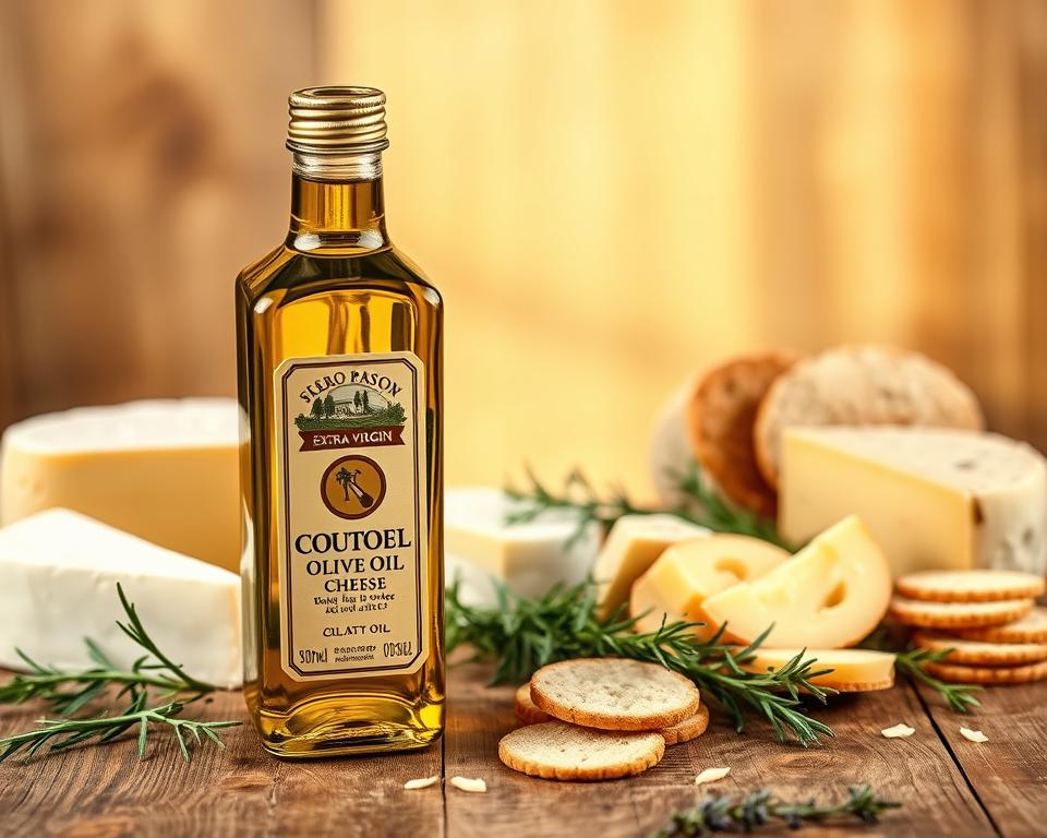 A still life arrangement showcasing extra virgin olive oil and various cheese pairings. In the foreground, a glass bottle of olive oil sits on a wooden table, its label prominently displayed. Surrounding it are carefully selected cheeses - a wedge of creamy brie, a block of sharp cheddar, and a log of tangy goat cheese. The middle ground features a scattering of fresh herbs, such as rosemary and thyme, as well as sliced baguette and crackers, creating a visually appealing and appetizing composition. The background is softly blurred, emphasizing the focal point. The lighting is natural and warm, casting a golden glow over the scene. The overall mood is one of rustic elegance, inviting the viewer to explore the delightful pairing of olive oil and cheese. A still life arrangement showcasing extra virgin olive oil and various cheese pairings. In the foreground, a glass bottle of olive oil sits on a wooden table, its label prominently displayed. Surrounding it are carefully selected cheeses - a wedge of creamy brie, a block of sharp cheddar, and a log of tangy goat cheese. The middle ground features a scattering of fresh herbs, such as rosemary and thyme, as well as sliced baguette and crackers, creating a visually appealing and appetizing composition. The background is softly blurred, emphasizing the focal point. The lighting is natural and warm, casting a golden glow over the scene. The overall mood is one of rustic elegance, inviting the viewer to explore the delightful pairing of olive oil and cheese.