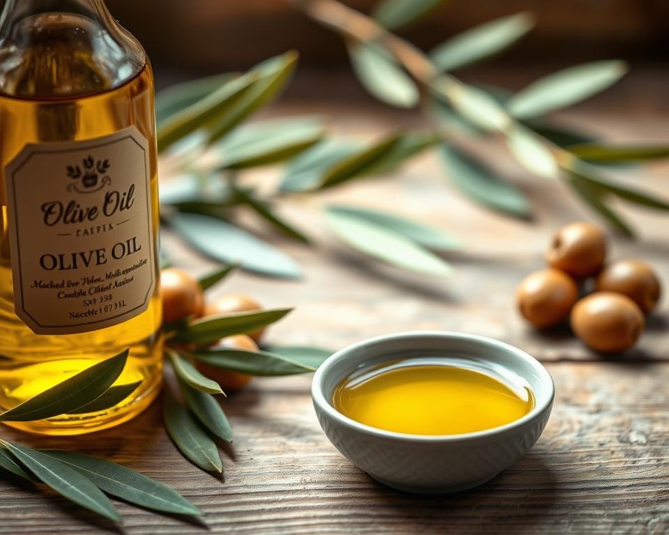 A still life of olive oil with its distinctive golden hue, captured in soft, natural lighting. In the foreground, a glass bottle with a label showcasing the olive oil's origin and quality. Surrounding it, an arrangement of fresh olive leaves, whole olives, and a small ceramic dish filled with the golden liquid, allowing the viewer to appreciate its viscosity and transparency. In the middle ground, a wooden surface with a slightly worn, rustic texture, creating a warm, earthy backdrop. The image conveys a sense of quality, authenticity, and the rich flavor profile of the olive oil, inviting the viewer to imagine its aroma and taste.