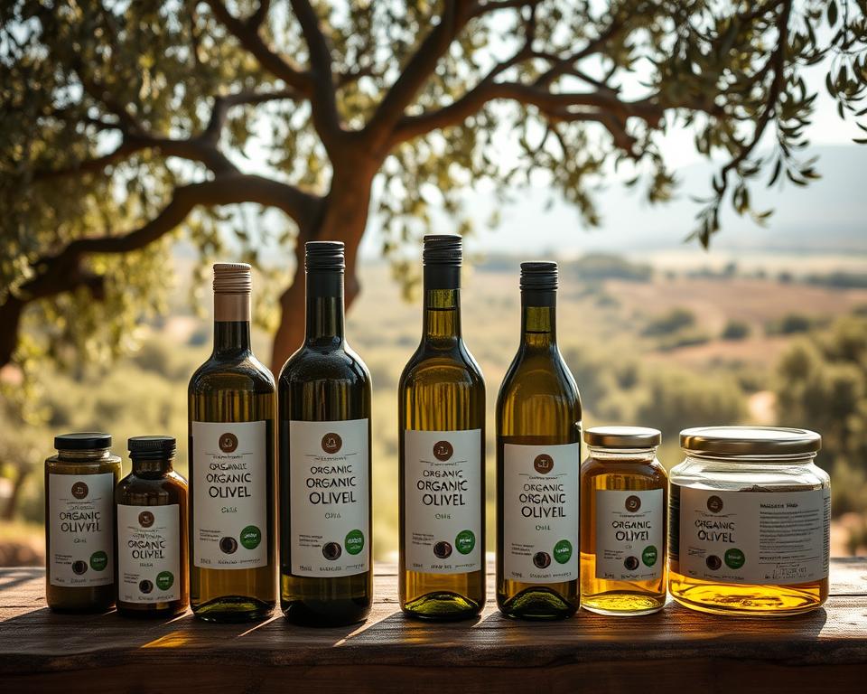 A still life of organic olive oil bottles and jars, arranged on a rustic wooden table. The lighting is soft and natural, casting gentle shadows. The bottles feature minimalist, earthy labels showcasing the brand names. In the background, a lush olive grove with gnarled trees and a hazy, sun-dappled landscape. The overall mood is one of artisanal craftsmanship, sustainability, and the serene beauty of the Mediterranean. The camera angle is slightly elevated, capturing the scene from an eye-level perspective that invites the viewer to appreciate the care and attention to detail in these premium, eco-conscious olive oil products. A still life of organic olive oil bottles and jars, arranged on a rustic wooden table. The lighting is soft and natural, casting gentle shadows. The bottles feature minimalist, earthy labels showcasing the brand names. In the background, a lush olive grove with gnarled trees and a hazy, sun-dappled landscape. The overall mood is one of artisanal craftsmanship, sustainability, and the serene beauty of the Mediterranean. The camera angle is slightly elevated, capturing the scene from an eye-level perspective that invites the viewer to appreciate the care and attention to detail in these premium, eco-conscious olive oil products.