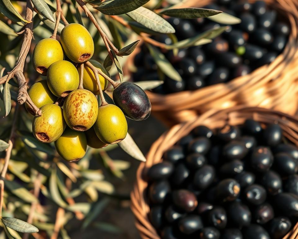 A still life showcasing the varying stages of olive ripening. In the foreground, plump green olives cling to gnarled branches, their sheen catching the soft natural light. In the middle ground, olives transition to a deep purple-black, their pits visible within. In the background, a basket overflows with fully ripened black olives, their wrinkled skins glistening. The scene is captured with a shallow depth of field, emphasizing the three distinct stages of olive maturity. The composition is balanced and tranquil, evocative of a Mediterranean orchard in autumn. Shadows cast by the branches create a warm, golden-hour atmosphere, evoking the essence of the olive harvest.