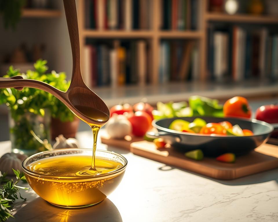 A sun-drenched kitchen countertop, a gleaming ceramic bowl filled with golden extra virgin olive oil, surrounded by fresh herbs, garlic, and vibrant vegetables. Soft, warm lighting casts a cozy glow, capturing the essence of simple, healthy cooking. In the foreground, a wooden spoon dips into the oil, about to drizzle it over a sizzling pan of sautéed vegetables. The middle ground features a cutting board with sliced tomatoes, zucchini, and bell peppers, ready to be added to the pan. In the background, a bookshelf displays a collection of cookbooks, hinting at the culinary inspiration behind this scene. The overall mood is one of warmth, nourishment, and the joy of preparing a wholesome, olive oil-centric meal.