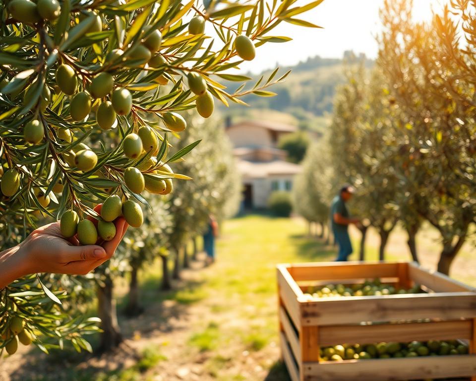 A verdant olive grove bathed in warm Mediterranean sunlight. In the foreground, skilled harvesters carefully hand-pick plump, glistening olives from the branches, their movements fluid and practiced. The middle ground reveals a traditional wooden crate, ready to be filled with the precious harvest. In the background, a picturesque stone farmhouse and rolling hills create a tranquil, rustic scene. The air is filled with the earthy aroma of the olives and the gentle hum of workers tending to the grove. A serene, time-honored tableau of sustainable agriculture captured through a wide-angle lens with a shallow depth of field.