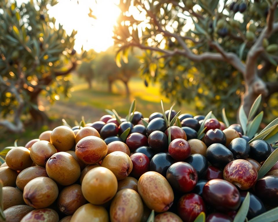 A vibrant bouquet of Middle Eastern olive varieties, captured in a warm, golden-hour light. In the foreground, plump Manzanilla olives with their distinctive green-purple hues stand out, their glistening skins reflecting the sun's rays. In the middle ground, the deep purple-black Kalamata olives and the silvery-green Arbequina varietals mingle, creating a mesmerizing interplay of colors and textures. The background features a lush olive grove, its twisted, gnarled trunks and branches casting soft, dappled shadows across the scene. The overall atmosphere evokes the rich culinary heritage and the soothing tranquility of the Middle Eastern olive-growing regions.