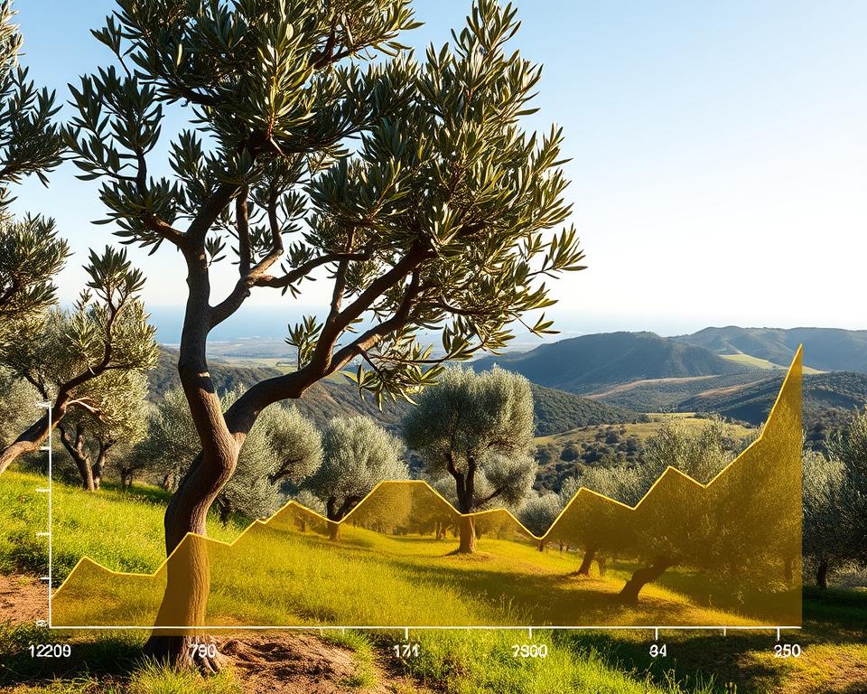 A vibrant, high-resolution visualization of olive oil consumption trends over time, depicted as a line graph against a backdrop of lush olive groves and rolling hills. The graph lines are rendered in rich, golden hues, capturing the essence of olive oil. The foreground features sleek, minimalist data visualizations, complemented by a middle ground showcasing olive trees in various stages of growth, their twisted trunks and silver-green foliage casting natural shadows. The background immerses the viewer in a serene, sun-dappled Mediterranean landscape, complete with a distant horizon line and a clear, azure sky. The overall composition conveys a sense of balance, growth, and the timeless allure of olive oil.
