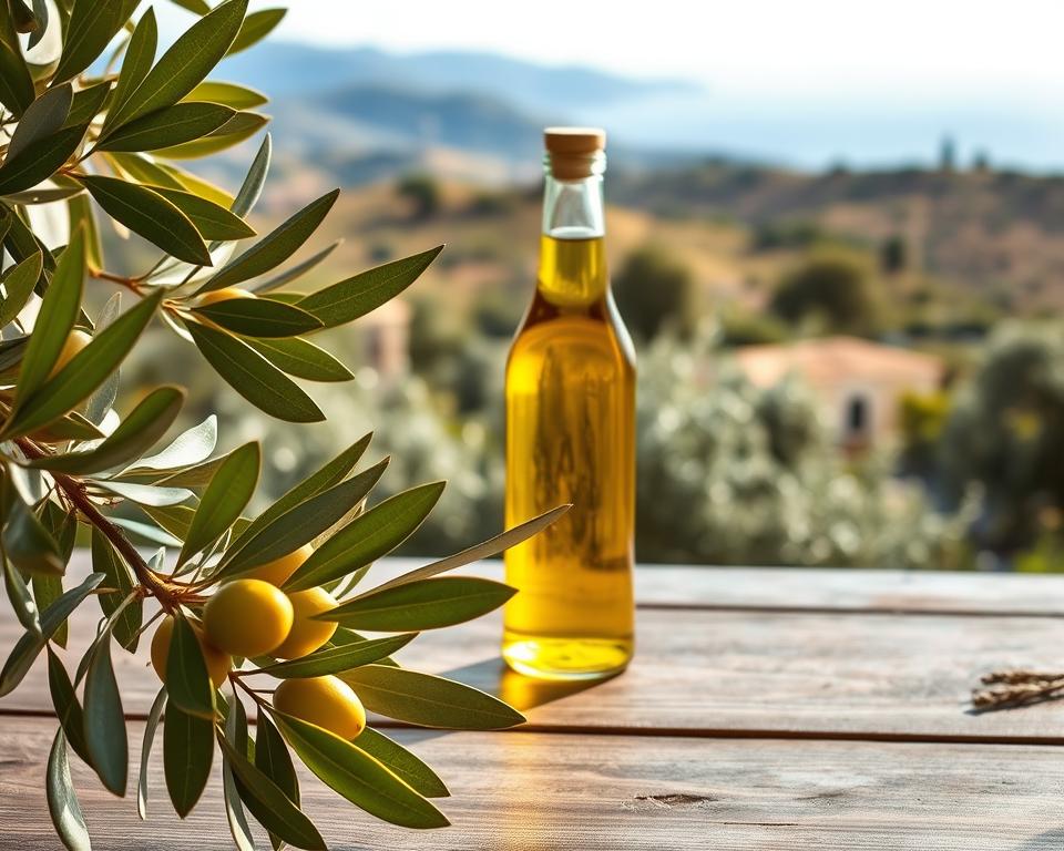 A vibrant olive branch rests in the foreground, its glossy green leaves casting a soft, warm glow. In the middle ground, a golden-hued olive oil bottle sits atop a wooden table, its contents shimmering with a translucent, amber hue. Behind it, a serene Mediterranean landscape unfolds, with rolling hills, azure skies, and the distant silhouette of olive trees swaying gently in the breeze. The scene is bathed in a natural, diffused lighting, capturing the essence of the olive oil's anti-inflammatory properties and its connection to the region's rich culinary heritage.
