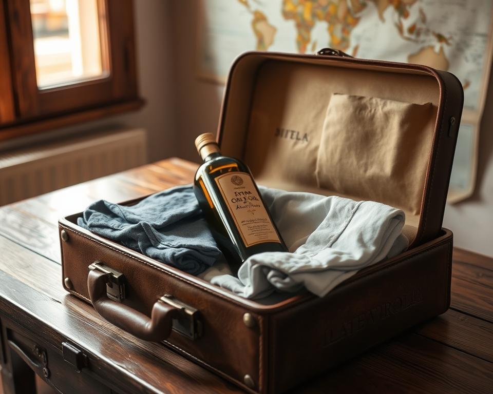 A weathered leather suitcase rests on a wooden table, its clasp open to reveal a bottle of extra virgin olive oil nestled among folded clothes. Soft, natural lighting filters through a nearby window, casting a warm glow on the scene. In the background, a map hangs on the wall, hinting at the traveler's journeys. The bottle's label is clear, showcasing the olive oil's origins and quality. The overall mood is one of simple, rustic elegance, capturing the care and attention a discerning traveler would give to their culinary companion on the road. A weathered leather suitcase rests on a wooden table, its clasp open to reveal a bottle of extra virgin olive oil nestled among folded clothes. Soft, natural lighting filters through a nearby window, casting a warm glow on the scene. In the background, a map hangs on the wall, hinting at the traveler's journeys. The bottle's label is clear, showcasing the olive oil's origins and quality. The overall mood is one of simple, rustic elegance, capturing the care and attention a discerning traveler would give to their culinary companion on the road.