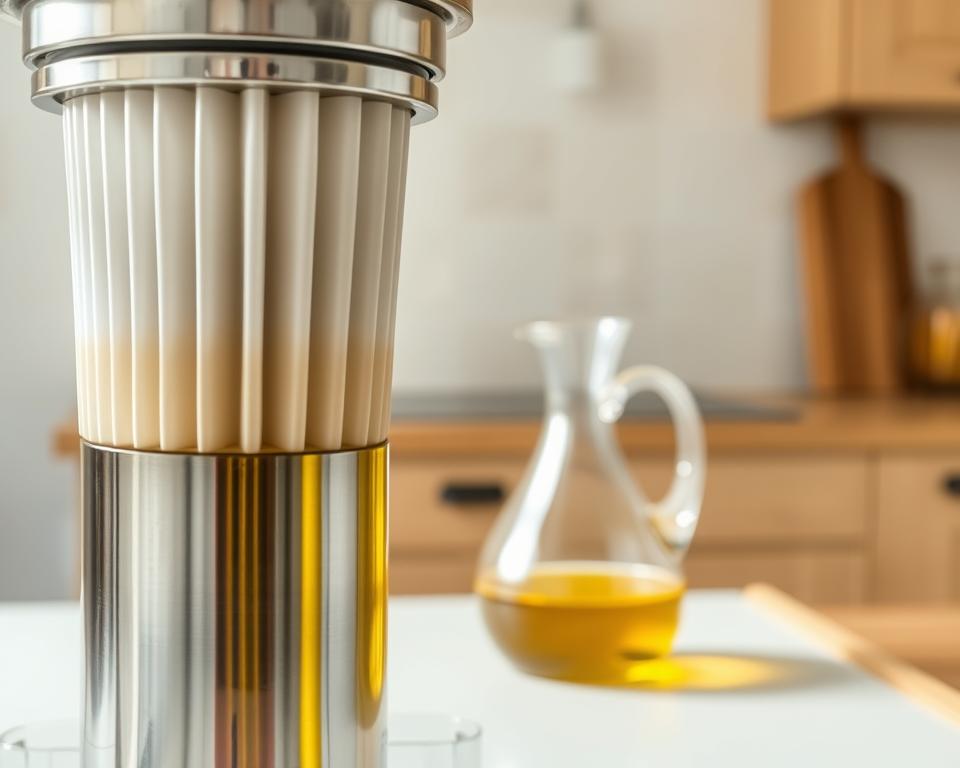 A well-lit, close-up photograph of olive oil filtration equipment, showcasing the process of clarifying and purifying extra virgin olive oil. In the foreground, a stainless steel filter housing with a pleated filter cartridge, casting soft shadows. In the middle ground, a glass carafe filled with golden olive oil, gently flowing through the filter. The background features a clean, minimalist kitchen setting, with neutral-toned tiles and a wooden countertop. The lighting is soft and diffused, creating a warm, inviting atmosphere that highlights the rich, lustrous color of the olive oil. The overall composition emphasizes the precision and care involved in preparing olive oil for bottling. A well-lit, close-up photograph of olive oil filtration equipment, showcasing the process of clarifying and purifying extra virgin olive oil. In the foreground, a stainless steel filter housing with a pleated filter cartridge, casting soft shadows. In the middle ground, a glass carafe filled with golden olive oil, gently flowing through the filter. The background features a clean, minimalist kitchen setting, with neutral-toned tiles and a wooden countertop. The lighting is soft and diffused, creating a warm, inviting atmosphere that highlights the rich, lustrous color of the olive oil. The overall composition emphasizes the precision and care involved in preparing olive oil for bottling.