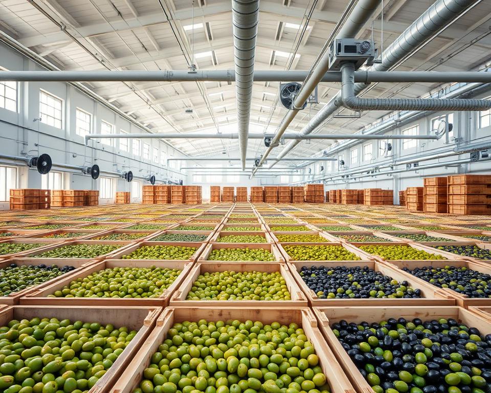 A well-lit, expansive olive storage facility with a focus on airflow and ventilation. In the foreground, rows of wooden crates and slatted bins hold freshly harvested olives, their surfaces gently agitated by a network of fans and vents. The middle ground reveals a series of strategically placed air ducts and circulation systems, conveying a sense of precise climate control. In the background, high ceilings and large windows allow natural light to filter in, complementing the engineered airflow. The overall atmosphere is one of functional efficiency, where the careful management of air movement plays a crucial role in preserving the quality and freshness of the olives before milling. A well-lit, expansive olive storage facility with a focus on airflow and ventilation. In the foreground, rows of wooden crates and slatted bins hold freshly harvested olives, their surfaces gently agitated by a network of fans and vents. The middle ground reveals a series of strategically placed air ducts and circulation systems, conveying a sense of precise climate control. In the background, high ceilings and large windows allow natural light to filter in, complementing the engineered airflow. The overall atmosphere is one of functional efficiency, where the careful management of air movement plays a crucial role in preserving the quality and freshness of the olives before milling.