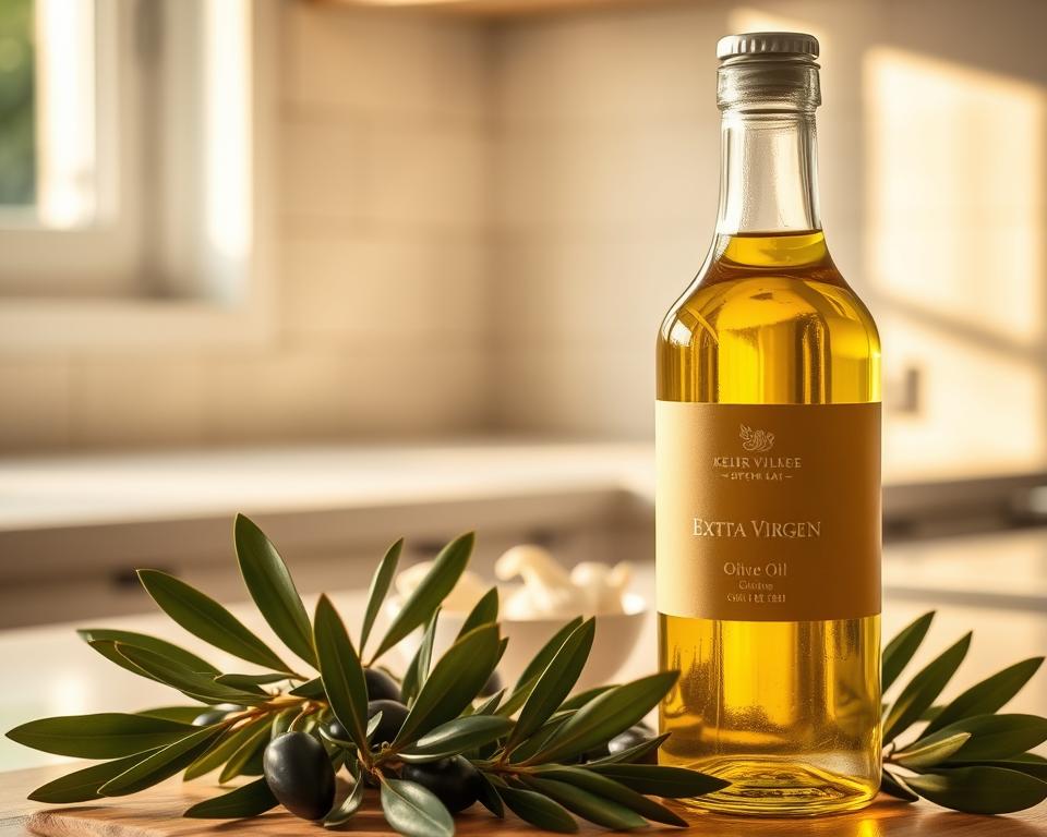 A well-lit kitchen counter, bathed in warm, natural light from a nearby window. In the foreground, a glass bottle filled with golden, translucent extra virgin olive oil, its label prominent. Surrounding the bottle, an assortment of dark green olive leaves and sprigs, adding a touch of freshness. In the middle ground, a few small ceramic bowls, one holding a few garlic cloves, the other containing a sprig of rosemary. In the background, a simple, uncluttered tile backsplash, providing a clean, minimalist backdrop. The overall scene conveys a sense of culinary care and attention, perfectly suited for showcasing the proper storage and presentation of premium extra virgin olive oil.
