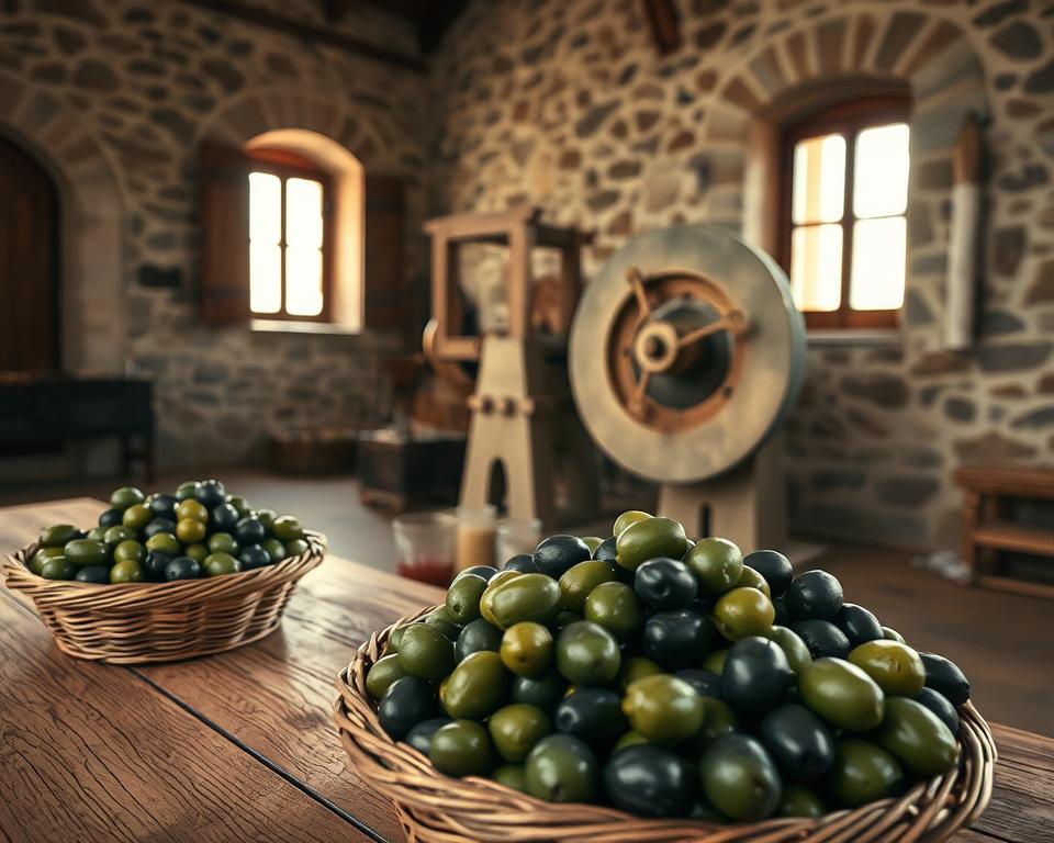 A well-lit olive milling preparation scene. In the foreground, a wooden table with baskets of freshly harvested olives, their dark green skins glistening. In the middle ground, an antique olive mill, its large stone wheel poised to crush the olives. The background features a traditional stone building, its weathered walls casting warm, muted shadows. Soft, natural lighting filters in through large windows, creating a serene, rustic atmosphere. The camera angle is slightly elevated, providing a comprehensive view of the preparation process. Subtle textures and a muted color palette evoke the artisanal, time-honored traditions of olive oil production. A well-lit olive milling preparation scene. In the foreground, a wooden table with baskets of freshly harvested olives, their dark green skins glistening. In the middle ground, an antique olive mill, its large stone wheel poised to crush the olives. The background features a traditional stone building, its weathered walls casting warm, muted shadows. Soft, natural lighting filters in through large windows, creating a serene, rustic atmosphere. The camera angle is slightly elevated, providing a comprehensive view of the preparation process. Subtle textures and a muted color palette evoke the artisanal, time-honored traditions of olive oil production.
