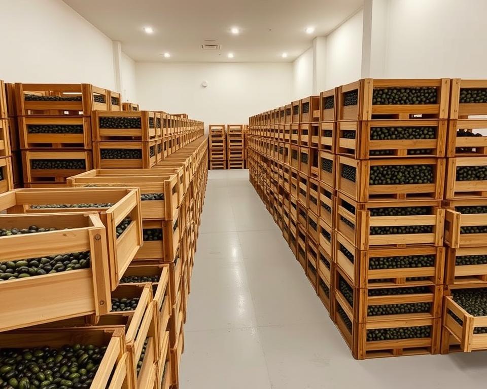 A well-lit, spacious olive storage facility with orderly rows of sturdy wooden crates. The crates are stacked neatly, their contents visible through the slats. The lighting is soft and even, creating a warm, inviting atmosphere. The floor is clean and the walls are painted a neutral color, enhancing the natural tones of the olives. A high-angle shot captures the scene, showcasing the efficient organization and attention to detail. The overall impression is one of meticulous care and preservation, ensuring the olives remain in optimal condition for further processing.