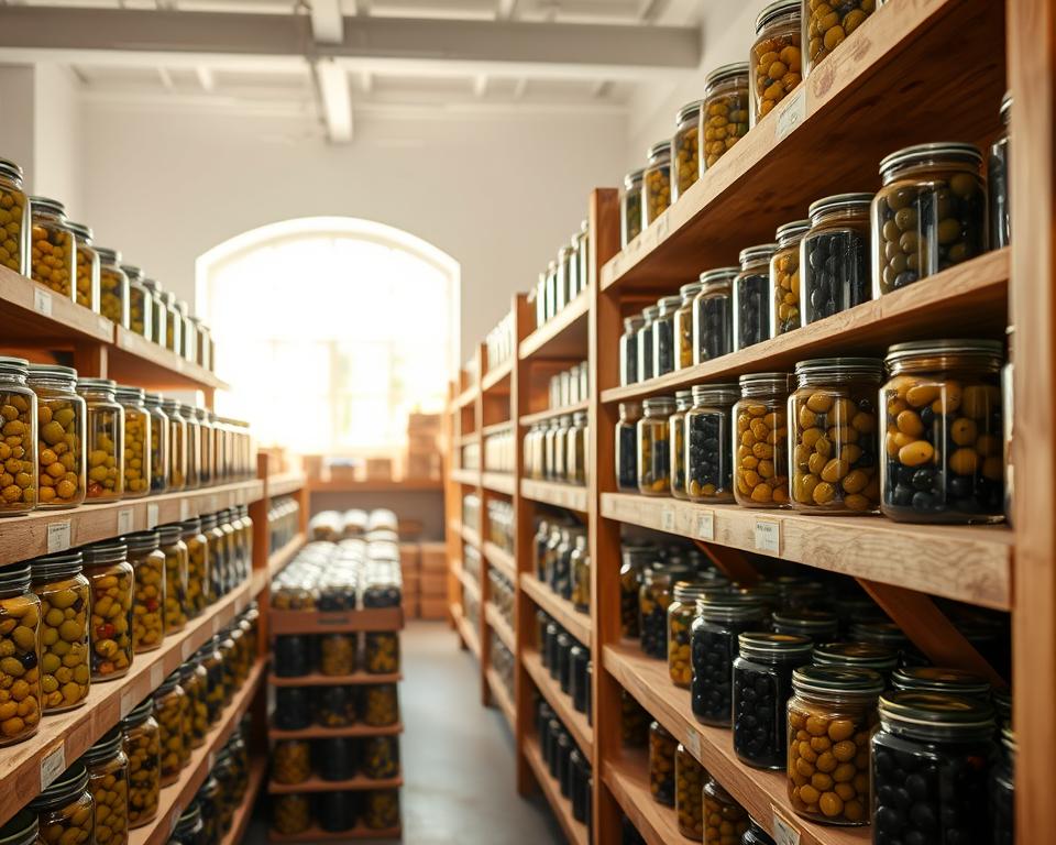 A well-lit, spacious storeroom featuring rows of wooden shelves holding glass jars filled with various types of table olives. The jars are neatly arranged, some with green, some with black olives, and a few with a mix of both. Soft, diffused lighting creates a warm, inviting atmosphere, casting gentle shadows that highlight the textures of the jars and their contents. The shelves are made of sturdy, rustic wood, complementing the earthy tones of the olives. In the background, a large window allows natural light to filter in, creating a subtle, elegant ambiance. The scene conveys a sense of care, organization, and the careful preservation of these flavorful table olive varieties.