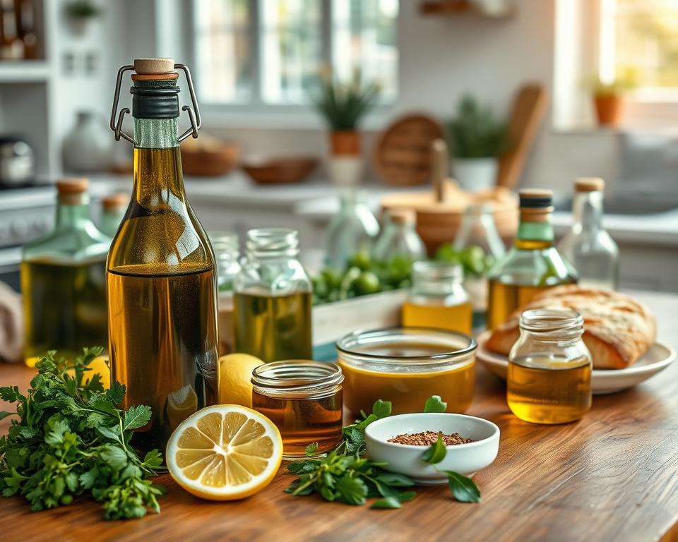 A wooden table with an assortment of glass bottles, jars, and dishes filled with various cold press olive oil-based recipes. In the foreground, a bottle of premium olive oil sits amidst freshly chopped herbs, lemon slices, and a small ceramic dish of aromatic spices. In the middle ground, there are bowls of homemade olive oil dip, salad dressing, and a loaf of crusty bread. The background features a clean, airy kitchen setting with natural light streaming in through large windows, casting a warm, inviting glow over the scene. The overall mood is one of culinary inspiration and the celebration of the versatility of high-quality, cold-pressed olive oil.