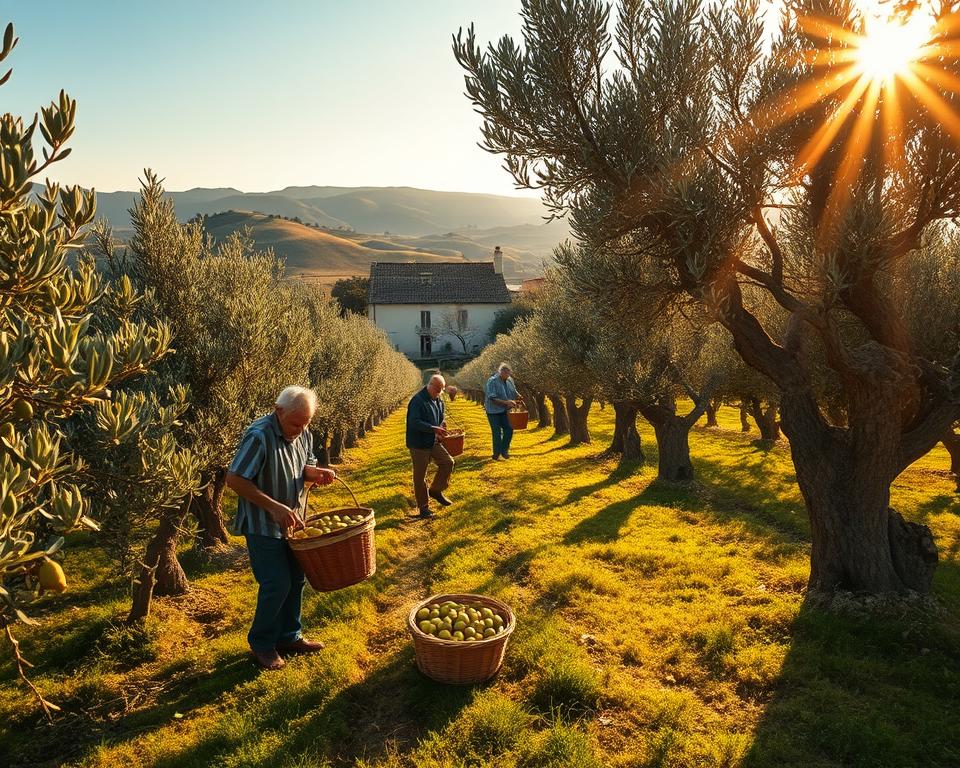 Serene olive grove bathed in golden afternoon light. Weathered harvesters methodically collect plump, glossy olives from ancient, gnarled trees. Sunlight dapples through lush, silvery-green foliage as baskets are carefully filled. In the distance, rolling hills and a whitewashed farmhouse evoke the timeless tranquility of the Mediterranean. The scene exudes a sense of tradition, patience, and reverence for the land. Captured with a wide-angle lens to emphasize the expansive, picturesque setting. The overall tone is one of rustic elegance and enduring heritage.