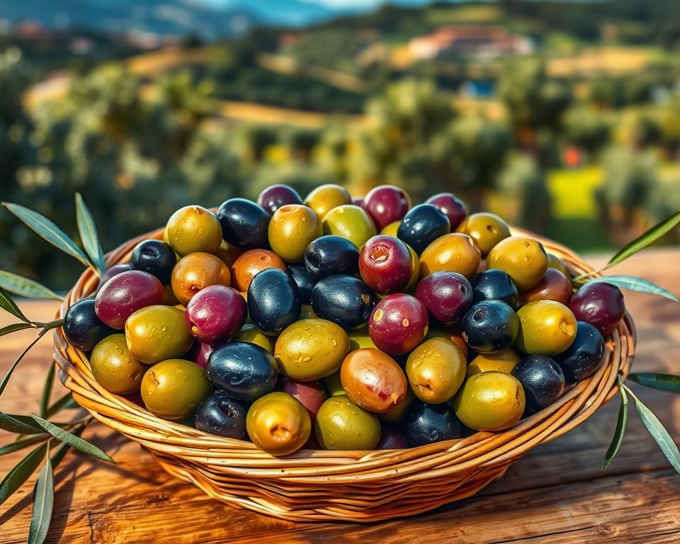 a basket of freshly harvested Mediterranean olives, still glistening with droplets of brine, resting on a wooden table against a backdrop of lush olive groves and rolling hills. The olives are a mix of green, purple, and black, showcasing their natural diversity. Soft, warm lighting illuminates the scene, casting gentle shadows and highlights that accentuate the olives' unique textures and curves. The overall mood is one of rustic simplicity and the essence of the Mediterranean culinary tradition.
