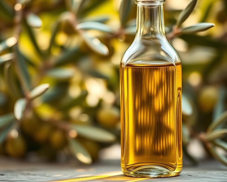 a close-up shot of a glass bottle filled with golden olive oil, set against a soft, blurred background of green olive branches and leaves. The lighting is warm and natural, accentuating the rich, vibrant color of the oil. The bottle is positioned at a slight angle, allowing the viewer to see the elegant shape and label. The composition emphasizes the purity and health benefits of the olive oil, conveying a sense of wholesome nourishment and digestive well-being.