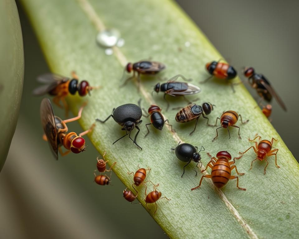 a detailed macro photograph of several common olive tree pests, including olive fruit fly, black scale, and oleander aphids, crawling on the surface of an olive tree leaf, realistic and highly detailed, natural lighting, shallow depth of field, close-up view showcasing the intricate textures and structures of the insects, muted earthy color palette, evocative of the challenges of olive pest management
