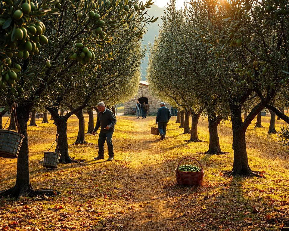 a detailed scene of olive harvest techniques in a mediterranean olive grove, with workers carefully picking olives from the trees using hand-held rakes and baskets, the trees arranged in neat rows with the sun casting warm, golden light across the scene, the ground covered in fallen olives and leaves, with a small stone building or farmhouse visible in the background, a tranquil, rustic atmosphere conveying the traditional and labor-intensive nature of olive harvesting