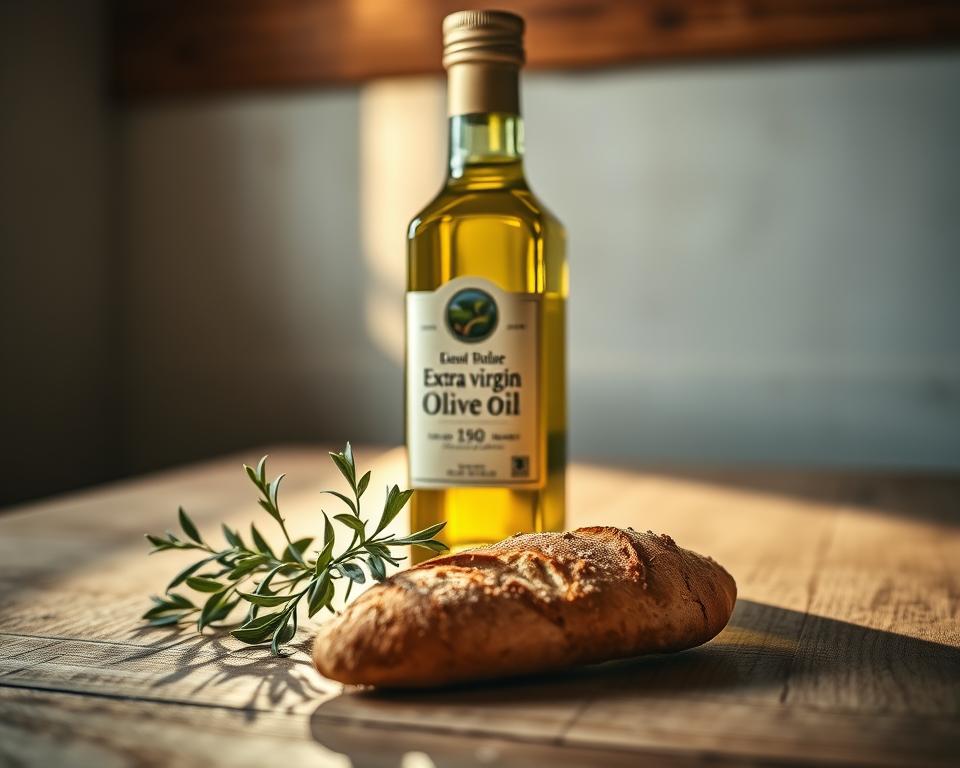 a glass bottle of extra virgin olive oil on a wooden table, sunlight shining through the bottle and reflecting on the surface, the bottle's label prominently displayed, a small bundle of fresh herbs and a slice of crusty bread in the foreground, a minimalist and natural composition that emphasizes the purity and quality of the olive oil, soft and warm lighting that creates a cozy, artisanal atmosphere, high-resolution, hyper-realistic, detailed, photographic