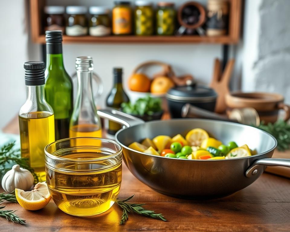 a high-resolution, realistic, hyper-detailed image of various culinary uses of olive oil, shot on a wooden table with natural lighting and a soft, warm color palette. In the foreground, a selection of olive oil bottles and a glass bowl filled with olive oil, surrounded by fresh herbs, garlic cloves, and a lemon wedge. In the middle ground, a sizzling pan with sliced vegetables being sautéed in the olive oil, steam rising. In the background, a shelf with jars of olives, a mortar and pestle, and other Mediterranean cooking ingredients. The overall scene conveys the versatility and essentiality of olive oil in a variety of cooking applications.