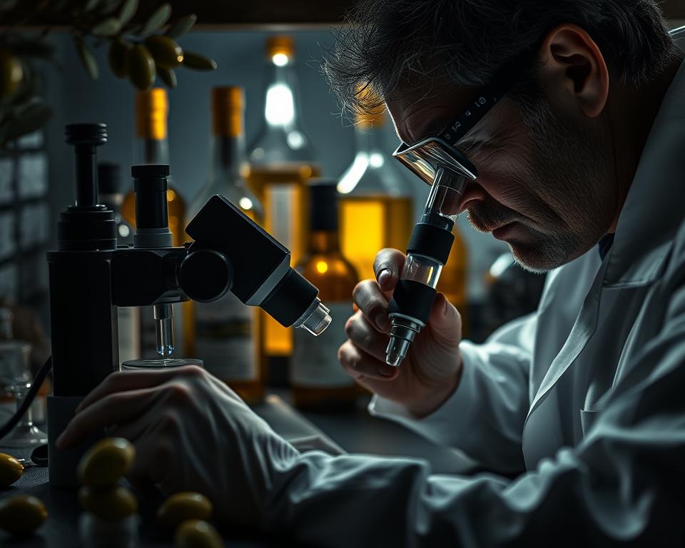 a highly detailed, photorealistic, close-up view of someone using scientific equipment and techniques to analyze and detect fraudulent olive oil, set against a backdrop of olive oil bottles, olives, and olive branches, with dramatic lighting and a moody, serious atmosphere, shot with a professional-grade DSLR camera at a low angle to create a sense of scrutiny and importance. a highly detailed, photorealistic, close-up view of someone using scientific equipment and techniques to analyze and detect fraudulent olive oil, set against a backdrop of olive oil bottles, olives, and olive branches, with dramatic lighting and a moody, serious atmosphere, shot with a professional-grade DSLR camera at a low angle to create a sense of scrutiny and importance.