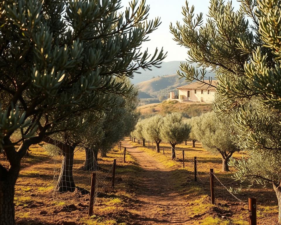 a lush olive grove with rolling hills in the background, sunlight filtering through the silvery-green leaves, creating a warm and tranquil atmosphere. In the foreground, olive trees are carefully pruned and tended, with nets strategically placed beneath the branches to catch the ripening olives. A small dirt path winds through the grove, highlighting sustainable farming practices like no-till cultivation and natural pest management. The soil is rich and dark, indicative of healthy, organic matter. In the distance, a traditional stone farmhouse stands amidst a patchwork of olive groves, reflecting the long history and tradition of olive oil production in this region. The overall scene conveys a sense of harmony between nature and human stewardship, emphasizing the environmental sustainability of this age-old industry.