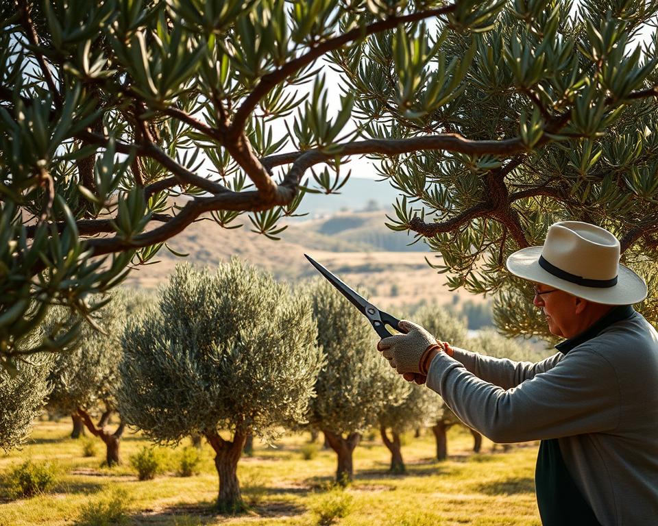 a serene olive grove with mature, gnarled olive trees in the foreground, their branches delicately pruned to encourage healthy growth and bountiful harvests. a skilled gardener, wearing a wide-brimmed hat and sturdy gloves, carefully trims the trees using sharp pruning shears, maintaining the trees' distinctive shape and size. the scene is bathed in soft, warm sunlight, casting gentle shadows across the lush, verdant foliage. the background features rolling hills dotted with more olive trees, conveying a sense of tranquility and timelessness in this traditional mediterranean landscape.