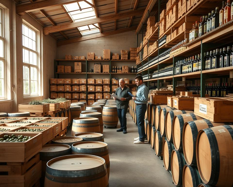 olive storage room, well-lit, natural daylight filtering through large windows, rows of wooden crates and barrels stacked neatly, labels indicating variety and origin, shelves lining the walls displaying jars and bottles of olive oil, cool, dry atmosphere, a few workers inspecting the stock, clipboards in hand, conveying a sense of order and care in the post-harvest handling of olives