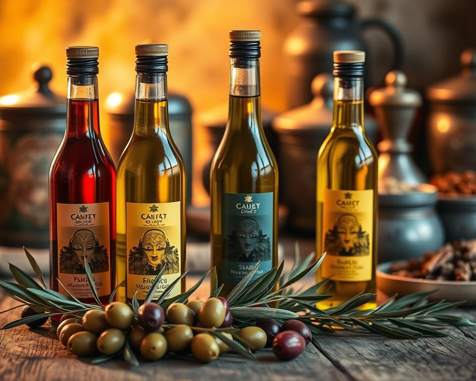 A beautifully arranged display of Middle Eastern olive oils in elegant glass bottles, each showcasing distinct colors and textures. In the foreground, there are three bottles of varying heights, surrounded by fresh olives and sprigs of olive leaves. The middle layer gives context with a rustic wooden table, complemented by a warm, inviting ambiance enhanced by golden hour lighting, casting gentle reflections from the bottles. In the background, slightly blurred, are traditional Middle Eastern containers and spices, hinting at the rich culinary heritage. The mood is warm and inviting, evoking a sense of tradition and craftsmanship. The image is captured with a soft focus lens, highlighting the richness of the olive oils while maintaining a sophisticated aesthetic.