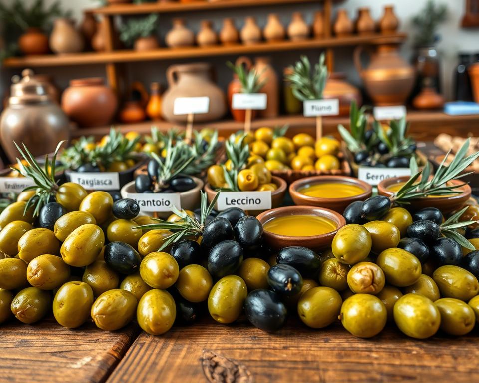 A beautifully arranged display of various Italian olive varieties on a rustic wooden table. In the foreground, showcase plump green and black olives, their glossy textures reflecting soft natural light. Surround the olives with small ceramic bowls filled with rich, golden olive oil, garnished with fresh herbs like rosemary and thyme. In the middle, include an array of elegantly labeled olive varieties, such as Taggiasca, Frantoio, and Leccino, arranged artfully with leaves and twigs. In the background, create a warm Italian kitchen atmosphere, with rustic pottery and wooden shelves filled with spices, enhancing the culinary theme. Use soft, diffused lighting to create an inviting and warm atmosphere, capturing the essence of Italian cuisine and the vibrant flavors of its olives.