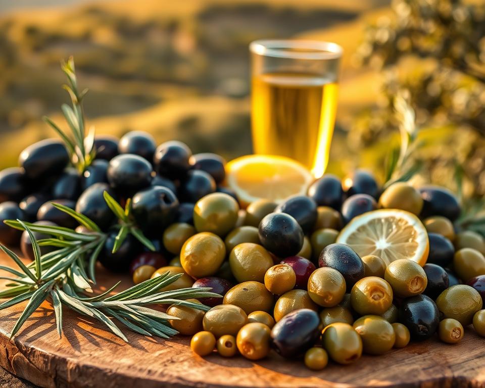 A beautifully arranged display of various Italian olive varieties, prominently featuring dark, glossy Taggiasca olives alongside vibrant green Castelvetrano and small, wrinkled Nocellara del Belice olives. In the foreground, the olives are artistically scattered on a rustic wooden board, with sprigs of fresh rosemary and lemon wedges adding a splash of color. In the middle ground, a soft-focus glass of golden olive oil reflects warm sunlight, creating a rich, inviting atmosphere. The background shows a blurred landscape of rolling hills covered in olive trees, bathed in golden hour light, enhancing the warmth and vibrancy of the scene. The overall mood is earthy and lush, celebrating the rich flavors and textures of Italian olives, evoking a sense of culinary passion and authenticity.