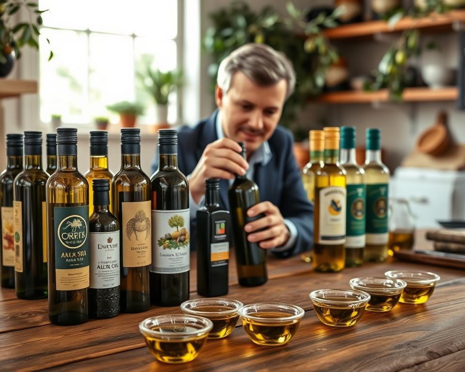 A beautifully arranged display of various olive oil bottles on a rustic wooden table, showcasing an array of colors and labels representing different regions. In the foreground, a selection of small tasting bowls filled with olive oil, drizzled with fresh herbs and spices, invites tasting. In the middle, a knowledgeable individual dressed in a smart casual outfit carefully examines a bottle of olive oil, with an attentive expression, as if considering its unique flavor profile. The background features a sunlit kitchen with olive branches and lush greenery, creating a warm and inviting atmosphere. Soft, natural lighting highlights the textures of the wood and the sheen of the oils, evoking a sense of authenticity and passion for quality olive oil. The overall mood is one of exploration and refinement within an inviting culinary setting.