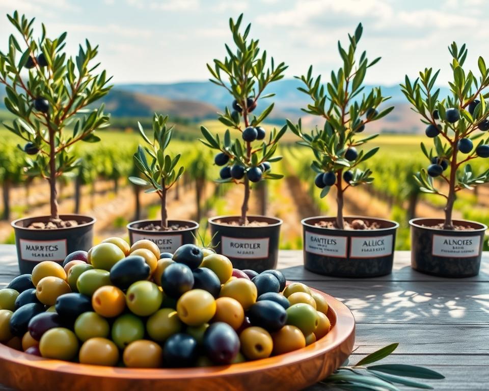 A beautifully arranged display of various olive varietals, showcasing their unique shapes and colors. In the foreground, there's a selection of green, black, and purple olives, artfully arranged on a wooden platter. The middle ground features labeled small pots presenting young olive trees grafted onto different rootstocks, emphasizing compatibility. Each tree’s leaves exhibit vibrant greens under soft, diffused natural sunlight that creates a serene atmosphere. In the background, a rustic vineyard landscape with rolling hills and a bright blue sky enhances the organic feel. Use a shallow depth of field to keep the focus sharp on the olives and rootstocks, while gently blurring the background to draw attention to the subject. The mood is informative and inviting, suitable for an educational context.