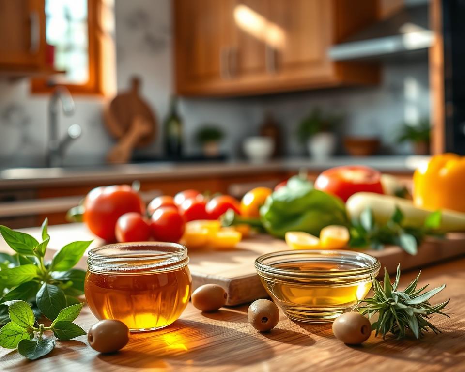 A beautifully arranged kitchen table showcasing the health benefits of olive oil. In the foreground, a small bowl of high-quality extra virgin olive oil glistens, surrounded by fresh herbs like basil and rosemary, along with a few olives. In the middle ground, a wooden cutting board features bright, colorful vegetables such as tomatoes, bell peppers, and a drizzle of olive oil, indicating an inviting meal preparation. The background reveals a softly lit kitchen scene with warm wooden cabinets and a hint of Mediterranean decor, creating a cozy and inviting atmosphere. Natural sunlight streams through a window, highlighting the textures and colors of the ingredients. The overall mood is fresh, healthy, and inspiring, inviting viewers to incorporate olive oil into their diets.