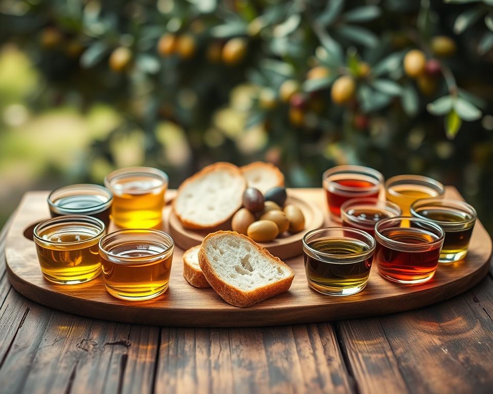 A beautifully arranged olive oil tasting setting, featuring a rustic wooden table in the foreground adorned with various small tasting cups filled with different olive oils, each showcasing unique hues from golden green to deep amber. In the middle, a selection of fresh bread slices and olives are artfully placed, inviting the viewer to indulge in the sensory experience. Soft, diffused natural light illuminates the scene, creating a warm, inviting mood. In the background, blurred olive trees can be seen, hinting at the origin of the oils. The composition focuses on the vibrant colors and textures, emphasizing the intricate details of each oil's surface. The image captures an atmosphere of sophistication and appreciation for the art of flavor exploration in olive oil tasting.