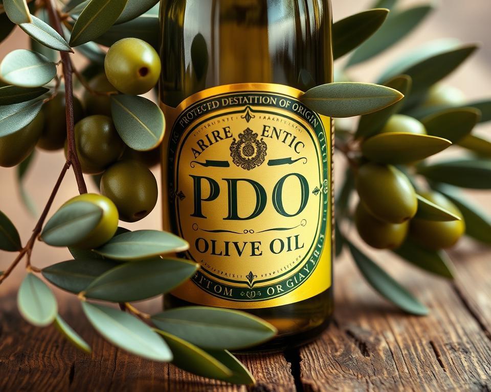 A beautifully designed label for authentic PDO Olive Oil, prominently featuring rich olive green and gold colors that evoke a sense of luxury and quality. The foreground showcases intricate details of an olive branch with ripe olives, elegantly intertwined around the label. In the middle ground, the label itself boasts ornate typography, with an emblem symbolizing Protected Designation of Origin, surrounded by decorative borders that reflect traditional craftsmanship. The background consists of a rustic wooden table, subtle textures enhancing the organic feel, with soft, warm natural lighting highlighting the label's glossy finish. The atmosphere is inviting and sophisticated, emphasizing the artisanal nature of the olive oil, perfect for highlighting its authenticity and unique flavor profile.