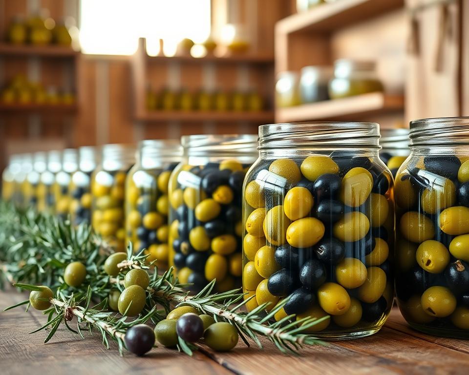 A brightly lit olive storage unit, showcasing rows of jars filled with vibrant green and black olives in various shapes and sizes. The foreground features a wooden table adorned with fresh herbs like rosemary and thyme, enhancing the scene's rustic charm. In the middle ground, clear glass jars are artistically arranged, each displaying olives preserved in rich, golden olive oil, with subtle reflections highlighting their textures. The background reveals rustic wooden shelves and a soft, warm light filtering through a window, creating a cozy, inviting atmosphere. The composition conveys a sense of freshness and care, suggesting a focus on enhancing olive longevity through proper storage. The overall mood is welcoming and serene, suitable for an olive preservation guide.
