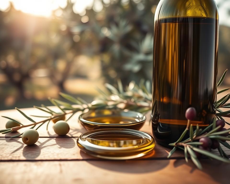 A close-up image of a bottle of high acidity olive oil, elegantly displayed on a wooden table. In the foreground, the bottle, made of dark glass, reflects soft natural light, highlighting the rich golden-green color of the oil inside. Around the bottle, fresh olives and sprigs of rosemary add vibrant green and purple hues, hinting at the oil's production sources. In the middle, a shallow dish with a small pool of the olive oil shows its viscosity and clarity, catching glimmers of light. The background features a blurred olive grove, with soft sunlight dappled through the leaves, creating a warm, inviting atmosphere. Aim for a serene, rich mood that evokes quality and craftsmanship, captured with a shallow depth of field to emphasize the bottle and its surroundings.