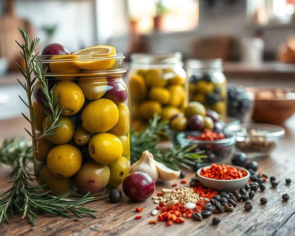 A close-up shot of various pickled olives arranged artistically on a rustic wooden table. In the foreground, a delicate glass jar filled with vibrant green and purple olives, glistening with olive oil and herbs. Sprigs of fresh rosemary, garlic cloves, and slices of lemon are scattered around, enhancing their appetizing appearance. In the middle ground, an assortment of spices—red pepper flakes, coriander seeds, and black peppercorns—are displayed in small bowls. The background features blurred elements of a sunlit kitchen, with soft natural light illuminating the scene, creating a warm and inviting atmosphere. The overall mood exudes a sense of culinary creativity and flavor, ideal for inspiring a love for pickling. A close-up shot of various pickled olives arranged artistically on a rustic wooden table. In the foreground, a delicate glass jar filled with vibrant green and purple olives, glistening with olive oil and herbs. Sprigs of fresh rosemary, garlic cloves, and slices of lemon are scattered around, enhancing their appetizing appearance. In the middle ground, an assortment of spices—red pepper flakes, coriander seeds, and black peppercorns—are displayed in small bowls. The background features blurred elements of a sunlit kitchen, with soft natural light illuminating the scene, creating a warm and inviting atmosphere. The overall mood exudes a sense of culinary creativity and flavor, ideal for inspiring a love for pickling.