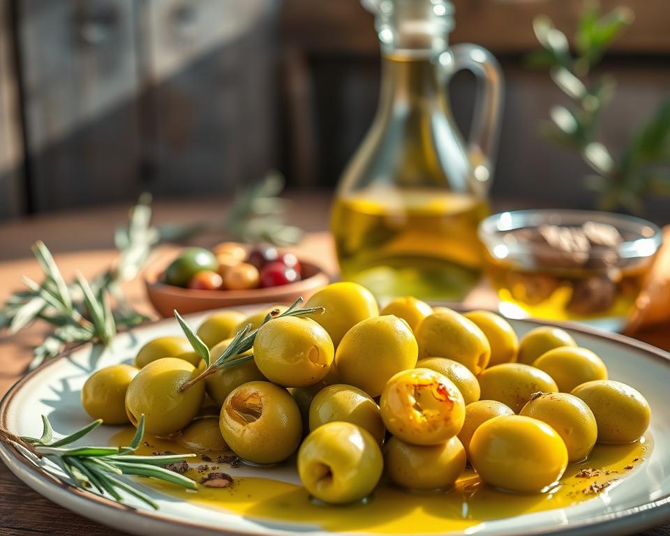 A close-up view of a beautifully arranged plate featuring a variety of fresh green olives, olive oil drizzled artfully, and a sprinkle of fresh herbs like rosemary and thyme. In the background, a rustic wooden table adorned with an elegant glass bottle of golden olive oil, reflecting sunlight, casts warm glows. The scene captures the vibrancy of polyphenols, emphasizing health benefits with elements like a small bowl of mixed nuts and berries mirroring the colors of the olives. Soft, natural lighting enhances the freshness, creating a serene and inviting atmosphere. The angle should provide a slightly elevated perspective, allowing viewers to appreciate the textures and colors that symbolize the health benefits of polyphenols in olive oil.