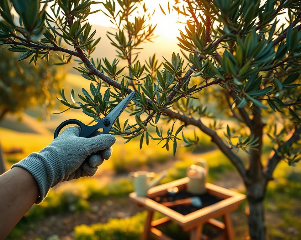 A close-up view of a well-shaped olive tree in a serene garden setting, showcasing vibrant green leaves and gnarled branches. In the foreground, a pair of hands wearing gardening gloves gently prune the tree with elegant shears, highlighting the care involved in maintaining its shape. In the middle ground, a small wooden potting bench is visible, adorned with soil, watering can, and tools, inviting an atmosphere of nurturing and attention. The background features softly blurred rolling hills bathed in warm sunlight, emphasizing a peaceful outdoor ambiance. The scene captures a sense of harmony and tranquility, with golden hour lighting casting gentle shadows and creating a warm, inviting atmosphere, perfect for reflecting on olive tree care practices.