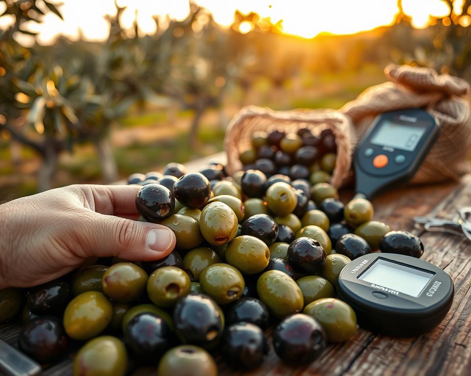 A close-up view of freshly harvested olives on a wooden table, highlighting their rich green and dark purple hues, glistening with droplets of water. In the foreground, a sharp focus on a hand gently inspecting the olives, showcasing the texture and imperfections, symbolizing quality assurance in post-harvest handling. In the middle ground, rustic tools, such as a mesh bag and a digital moisture meter, are positioned to suggest the challenges of preserving flavor and texture. The background features an olive grove softly blurred with golden hour lighting casting warm tones, creating a serene atmosphere. The overall mood is one of diligence and care, reflecting the meticulous nature of post-harvest processes.