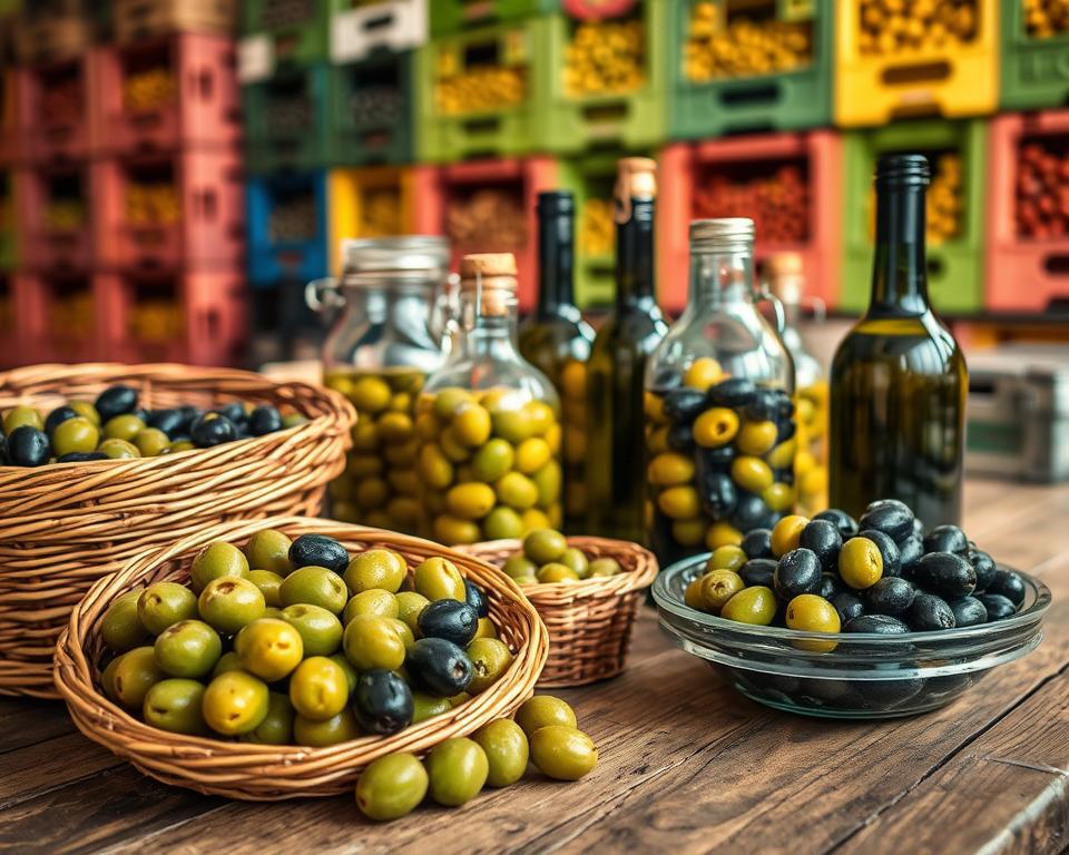A detailed, artistic representation of various olive storage methods on a rustic wooden table. In the foreground, showcase fresh olives in traditional wicker baskets, emphasizing their vibrant green and black hues. In the middle, display glass jars filled with olives submerged in brine, reflecting light and highlighting their glossy surfaces. Arrange a few olive oil bottles, elegantly designed, near the olives to suggest flavor preservation. In the background, have shelves filled with colorful crates of olives, hinting at abundance and harvest. Use soft, natural lighting to create a warm and inviting atmosphere. Capture the scene from a slightly elevated angle for depth, with a shallow depth of field to keep the focus on the storage methods while softly blurring the background.