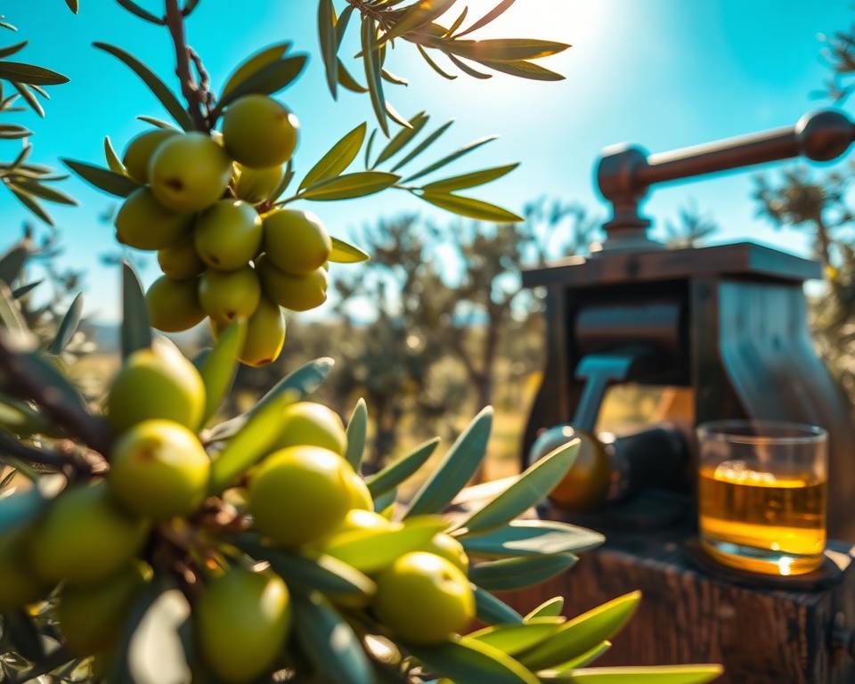 A detailed close-up of the olive oil production process, highlighting the lush green olives being harvested from trees in the foreground. In the middle ground, depict the extraction process with traditional mills, showcasing the dark wooden press and golden oil flowing into a glass container. The background should feature a serene olive grove under a bright blue sky, with gentle sunlight illuminating the scene, capturing the rich textures of the olives and the machinery. Use a warm color palette to convey a sense of heritage and craftsmanship. For lighting, use soft, natural light to enhance the freshness of the olives and the gleam of the oil. Create an inviting, rustic atmosphere that reflects the artistry of Greek olive oil production.