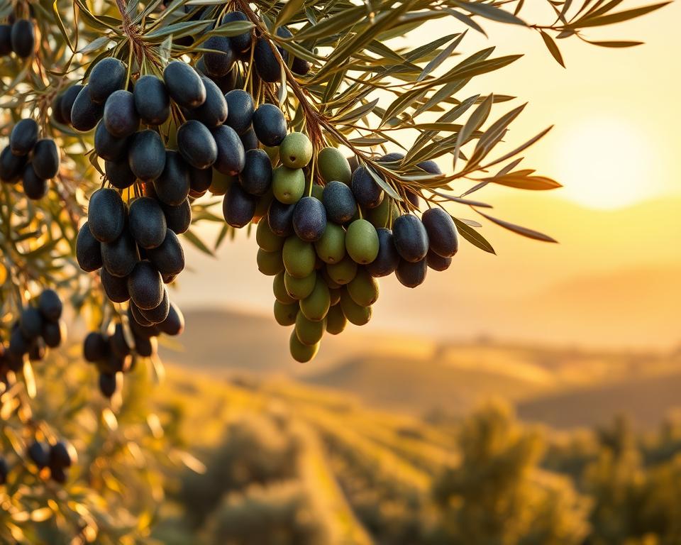 A detailed depiction of olive trees showcasing varying levels of ripeness across different regions. In the foreground, clusters of olives hang from branches, some lush and ripe in deep purple, while others remain green and unripe. The middle ground features rolling hills, with olive groves reflecting the Mediterranean landscape in varying shades of green and gold. In the background, soft mountains under a golden sunset sky create a warm atmosphere. The lighting is soft and golden, capturing the essence of late afternoon sun. A subtle bokeh effect enhances the foreground olives, creating depth. The scene conveys a sense of tranquility and agricultural richness, emphasizing the diversity in olive ripeness as it varies by region.