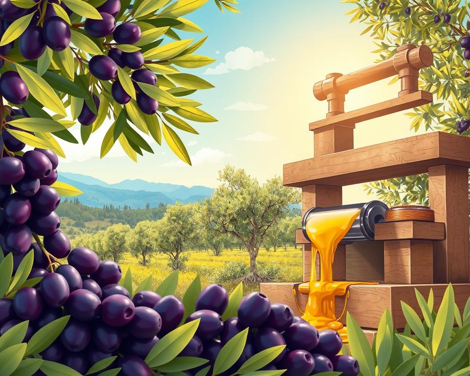 A detailed illustration of the olive oil production process, featuring an organized flow of stages: in the foreground, ripe purple olives being harvested, with hands gently picking from trees; in the middle ground, a traditional olive press, showcasing the grinding and extracting process with flowing golden oil; in the background, lush olive groves under a bright blue sky, capturing the essence of a sunny Mediterranean landscape. Soft, natural lighting enhances the vibrant colors of the olives and oil, creating a warm and inviting atmosphere. The angle captures the movement of production, highlighting the craftsmanship involved. The image should evoke a sense of tradition and quality, essential to producing high-quality olive oil.