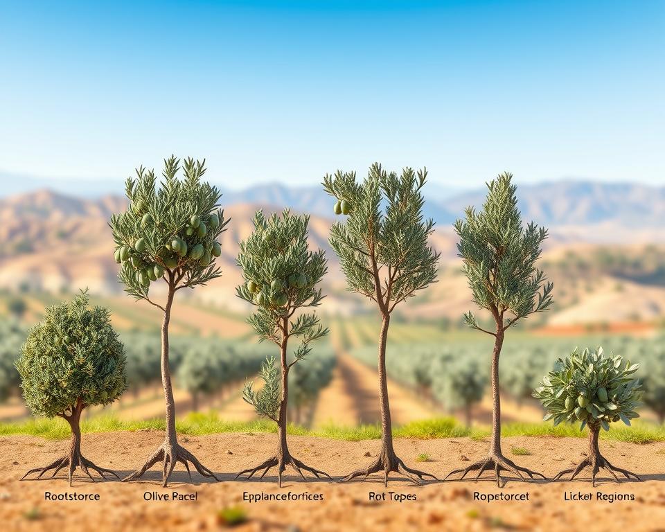 A detailed illustration of various ideal rootstocks for olive trees in different American regions. In the foreground, display healthy, thriving olive plants on their respective rootstocks, showcasing variations in foliage and trunk characteristics, such as thickness and texture. In the middle ground, create a diverse landscape representing various American climates, from Mediterranean-style hills to arid regions, featuring olive orchards. In the background, include faint silhouettes of distant mountains and a clear blue sky, with soft sunlight casting gentle shadows, enhancing the vibrant greens and earthy tones. The mood should be optimistic and informative, emphasizing growth and agricultural success. Use a shallow depth of field to focus on the plants while softly blurring the background for a professional look.