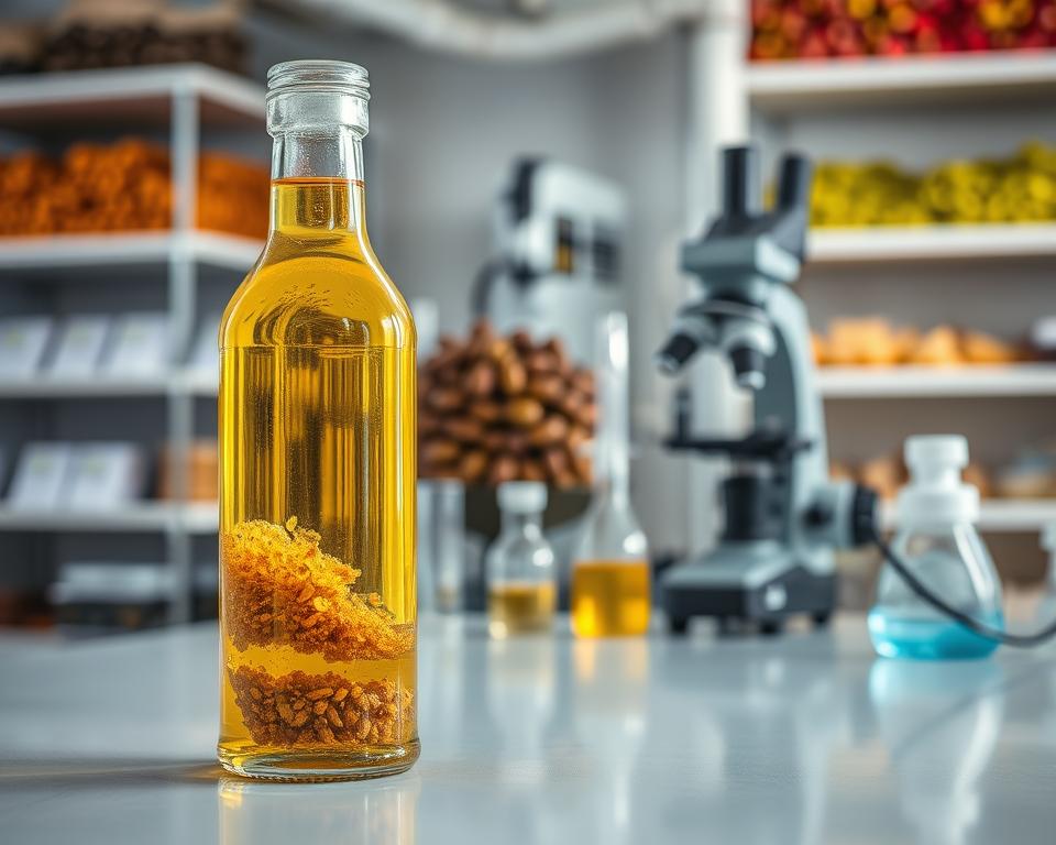 A detailed view of olive oil processing defects, showcasing various flaws in a laboratory setting. In the foreground, display a glass sample bottle with olive oil, revealing sediment and cloudiness, symbolizing defects like rancidity and fustiness. In the middle ground, set a well-organized lab table with analytical equipment, such as beakers and a microscope, emphasizing the investigation of oil quality. In the background, softly blurred shelves filled with olives and processing machinery, creating a focused yet informative atmosphere. Use natural lighting to enhance the clarity of the oil and defects while maintaining a bright and clean mood. The angle should be slightly above the table level for a comprehensive view, fostering a sense of scientific exploration.